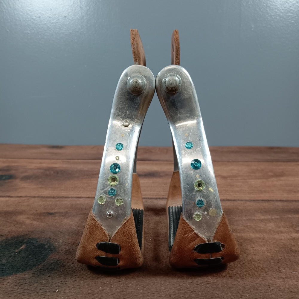 Ranch Cowboy Western Stirrups Leather Trim Embellished Rhinestone Pair - Picture 5 of 7